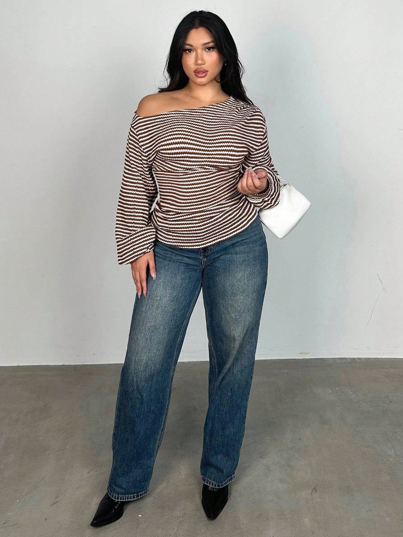 Firerie Plus Size Oblique Shoulder Long Sleeve T-Shirt, Pineapple Texture Asymmetric Autumn Women Tops Top Cute Striped Off Fall