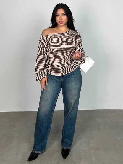 Firerie Plus Size Oblique Shoulder Long Sleeve T-Shirt, Pineapple Texture Asymmetric Autumn Women Tops Top Cute Striped Off Fall