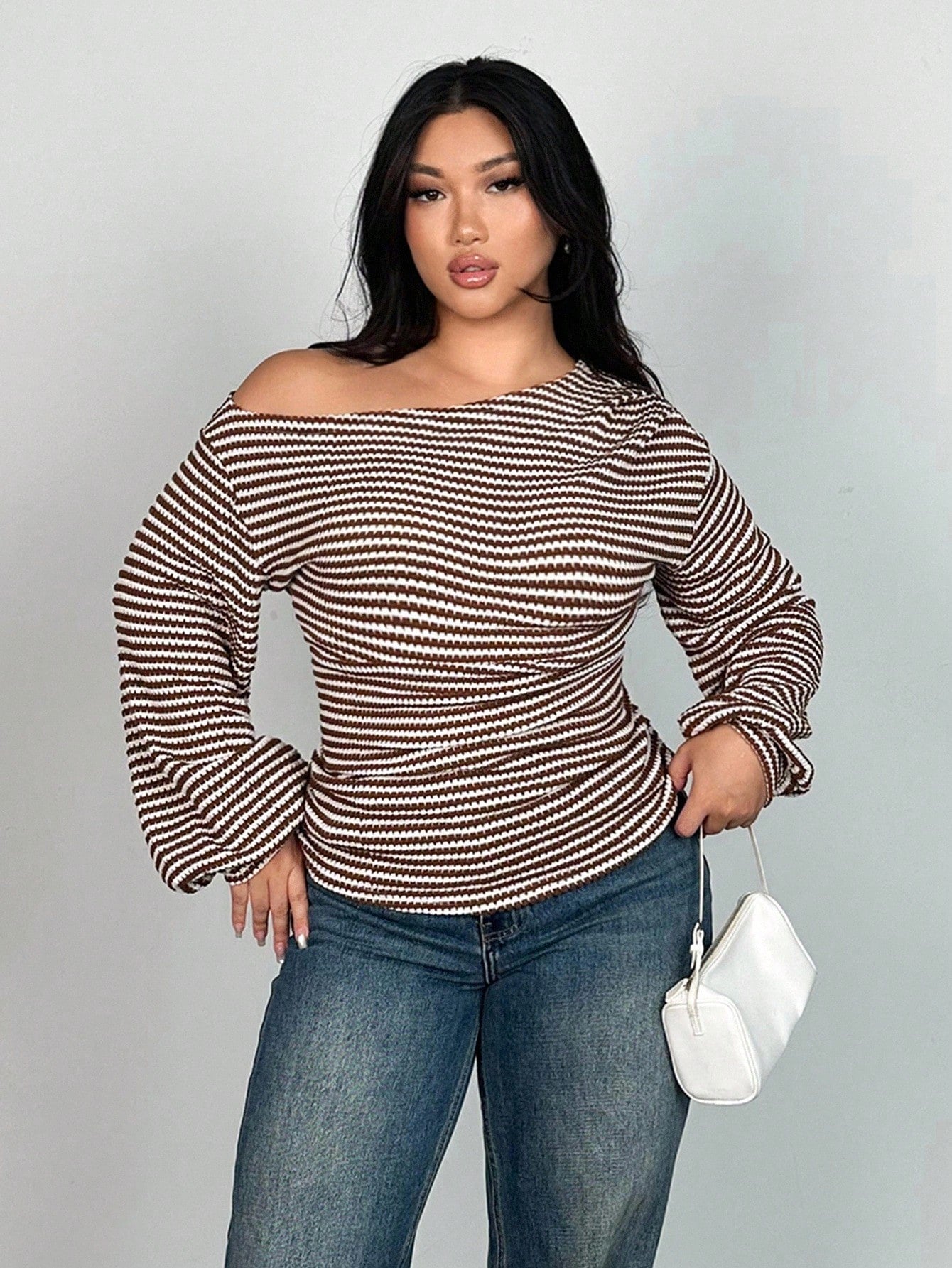 Firerie Plus Size Oblique Shoulder Long Sleeve T-Shirt, Pineapple Texture Asymmetric Autumn Women Tops Top Cute Striped Off Fall