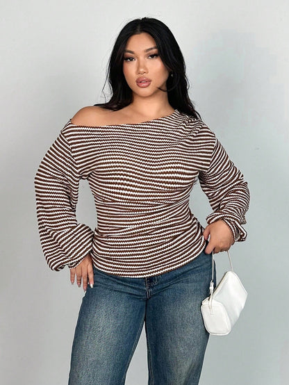 Firerie Plus Size Oblique Shoulder Long Sleeve T-Shirt, Pineapple Texture Asymmetric Autumn Women Tops Top Cute Striped Off Fall