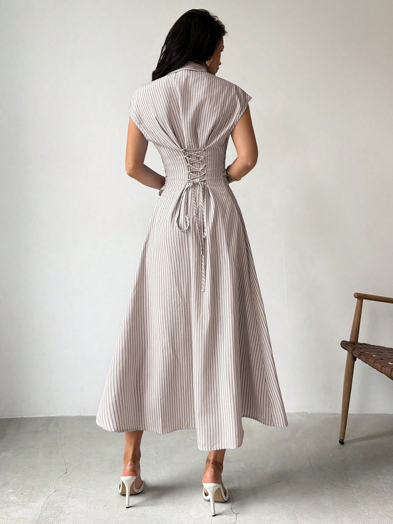 Firerie Women's Blue & White Striped Puff Sleeve A-Line Midi Dress,Tie Waist Shirt Dress,Casual Collared Waist Cinched Summer Elegant Work Office Dress