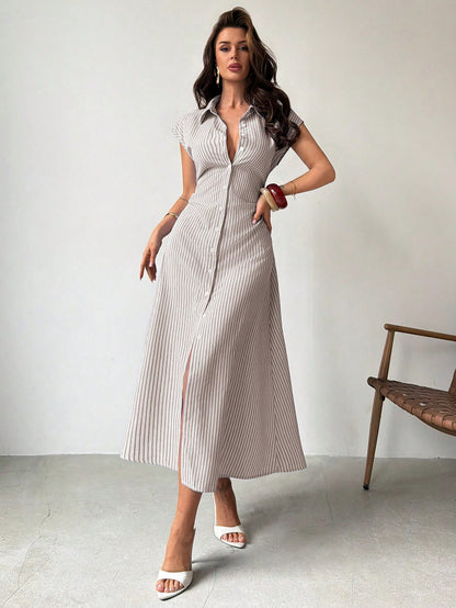 Firerie Women's Blue & White Striped Puff Sleeve A-Line Midi Dress,Tie Waist Shirt Dress,Casual Collared Waist Cinched Summer Elegant Work Office Dress