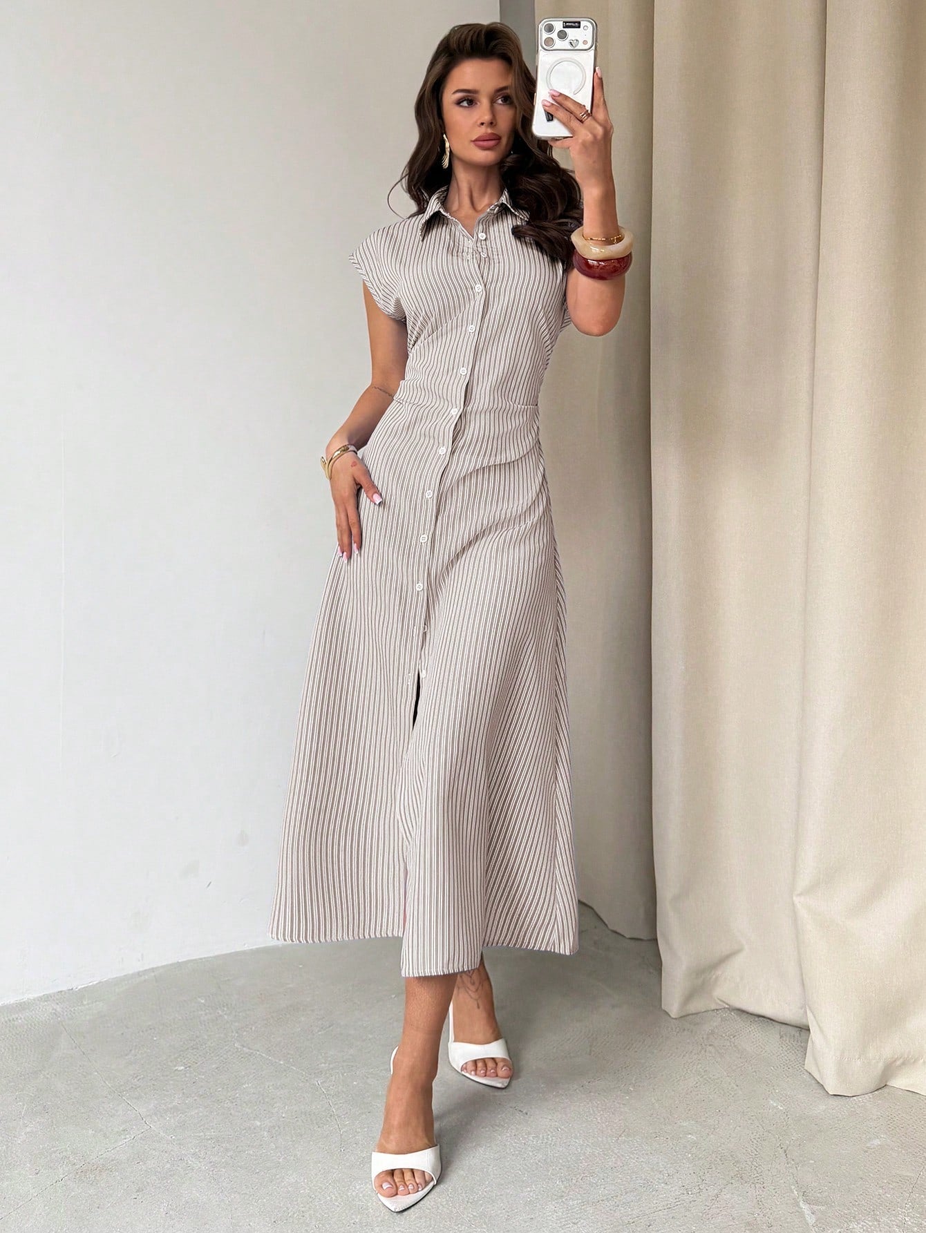 Firerie Women's Blue & White Striped Puff Sleeve A-Line Midi Dress,Tie Waist Shirt Dress,Casual Collared Waist Cinched Summer Elegant Work Office Dress