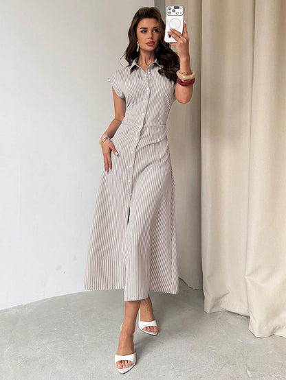 Firerie Women's Blue & White Striped Puff Sleeve A-Line Midi Dress,Tie Waist Shirt Dress,Casual Collared Waist Cinched Summer Elegant Work Office Dress