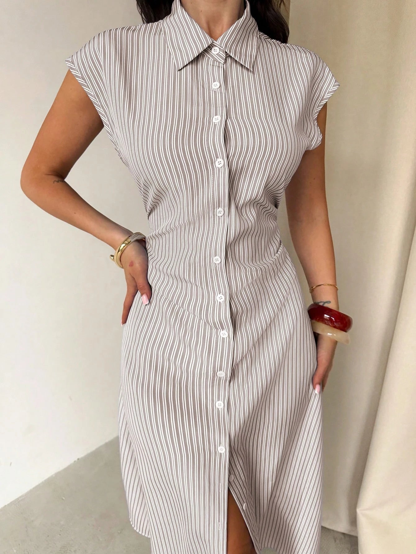 Firerie Women's Blue & White Striped Puff Sleeve A-Line Midi Dress,Tie Waist Shirt Dress,Casual Collared Waist Cinched Summer Elegant Work Office Dress