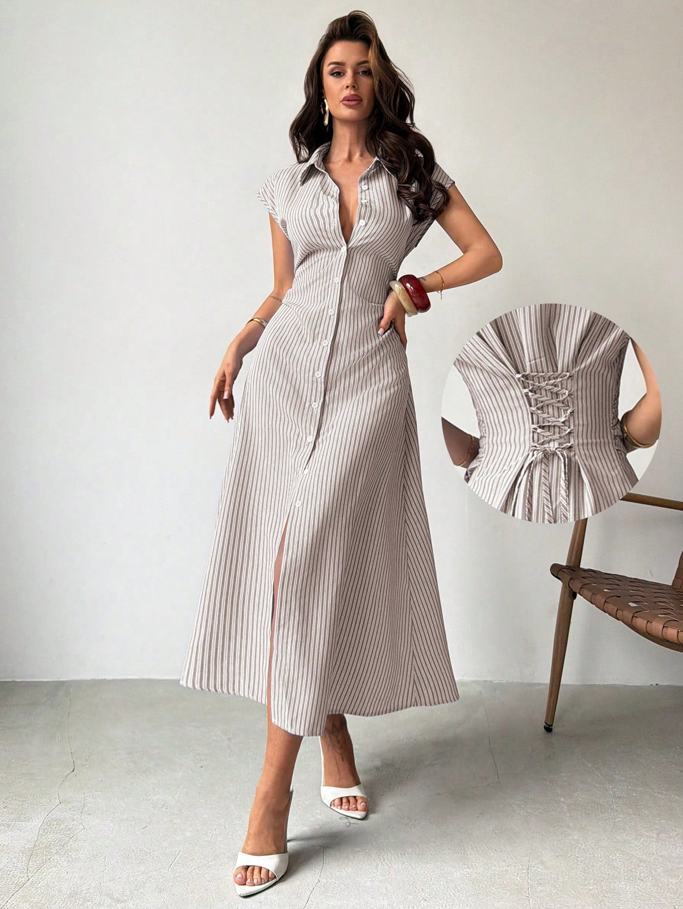Firerie Women's Blue & White Striped Puff Sleeve A-Line Midi Dress,Tie Waist Shirt Dress,Casual Collared Waist Cinched Summer Elegant Work Office Dress