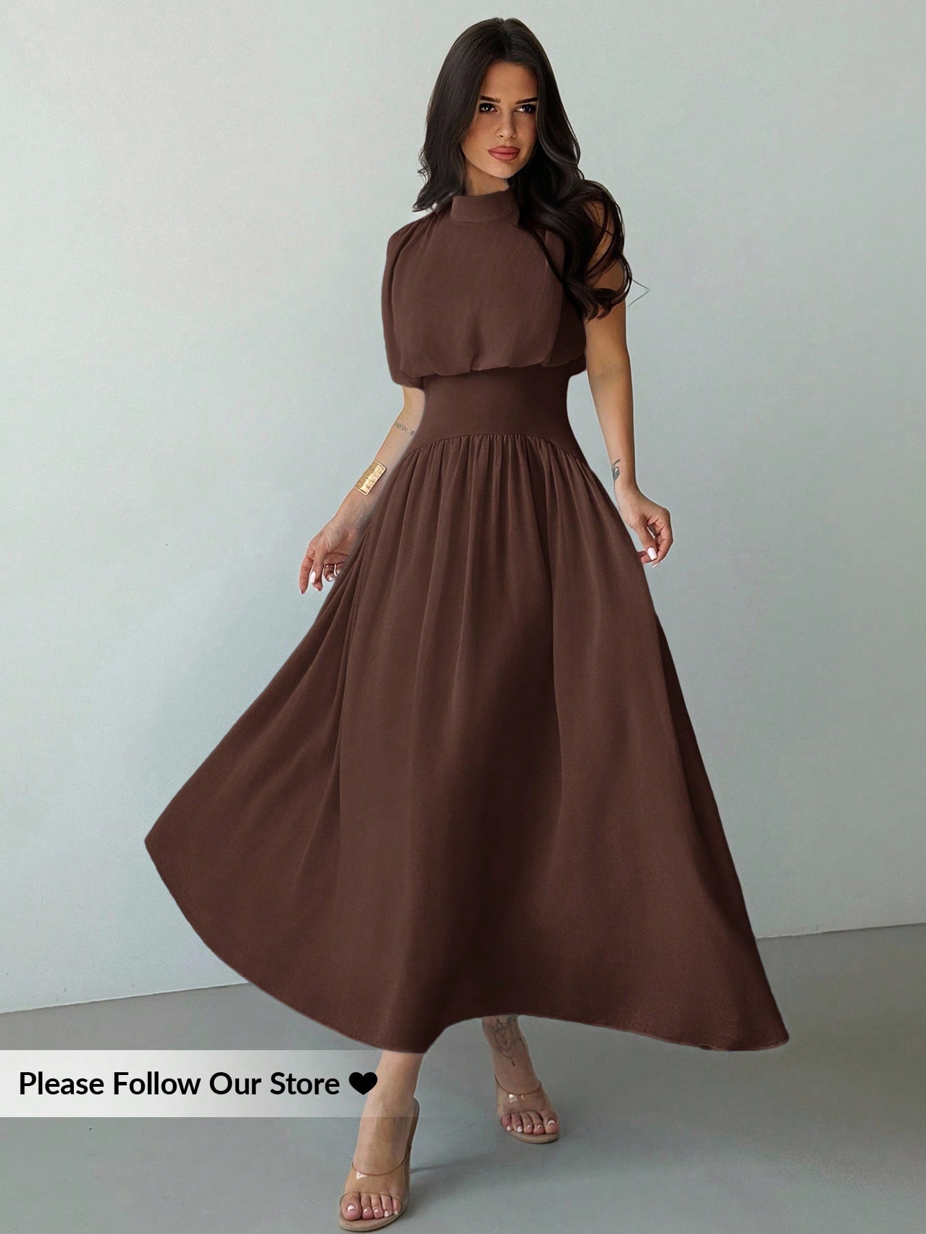 Firerie Women's Coffee Brown Elegant High Neck Cinched Waist A-Line Dress,Autumn Brunch Commuter Vacation Beach Bohemian Wedding Graduation Prom Outfit