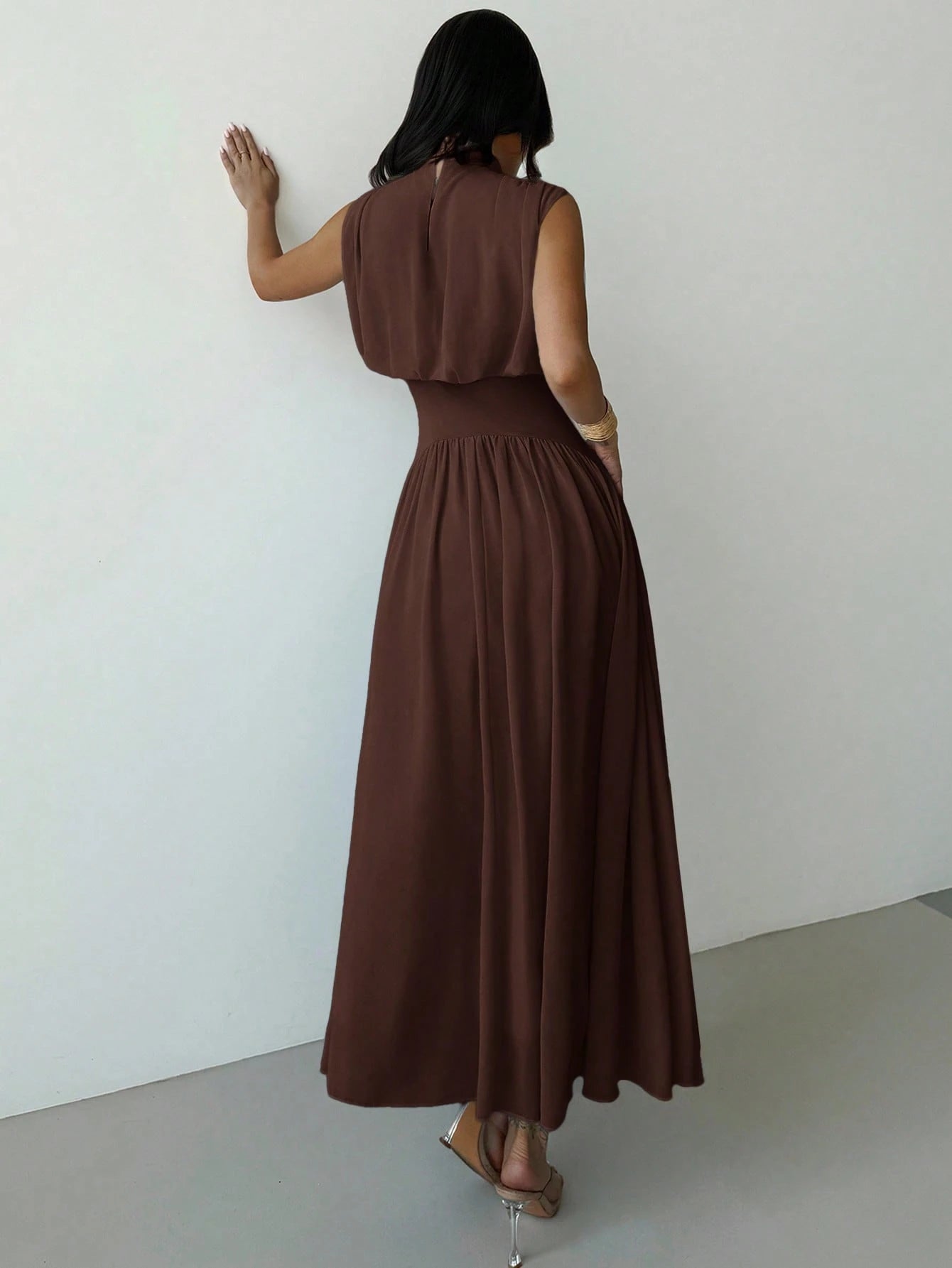 Firerie Women's Coffee Brown Elegant High Neck Cinched Waist A-Line Dress,Autumn Brunch Commuter Vacation Beach Bohemian Wedding Graduation Prom Outfit