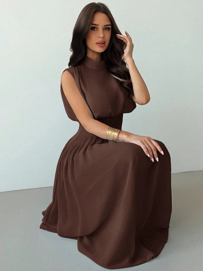 Firerie Women's Coffee Brown Elegant High Neck Cinched Waist A-Line Dress,Autumn Brunch Commuter Vacation Beach Bohemian Wedding Graduation Prom Outfit