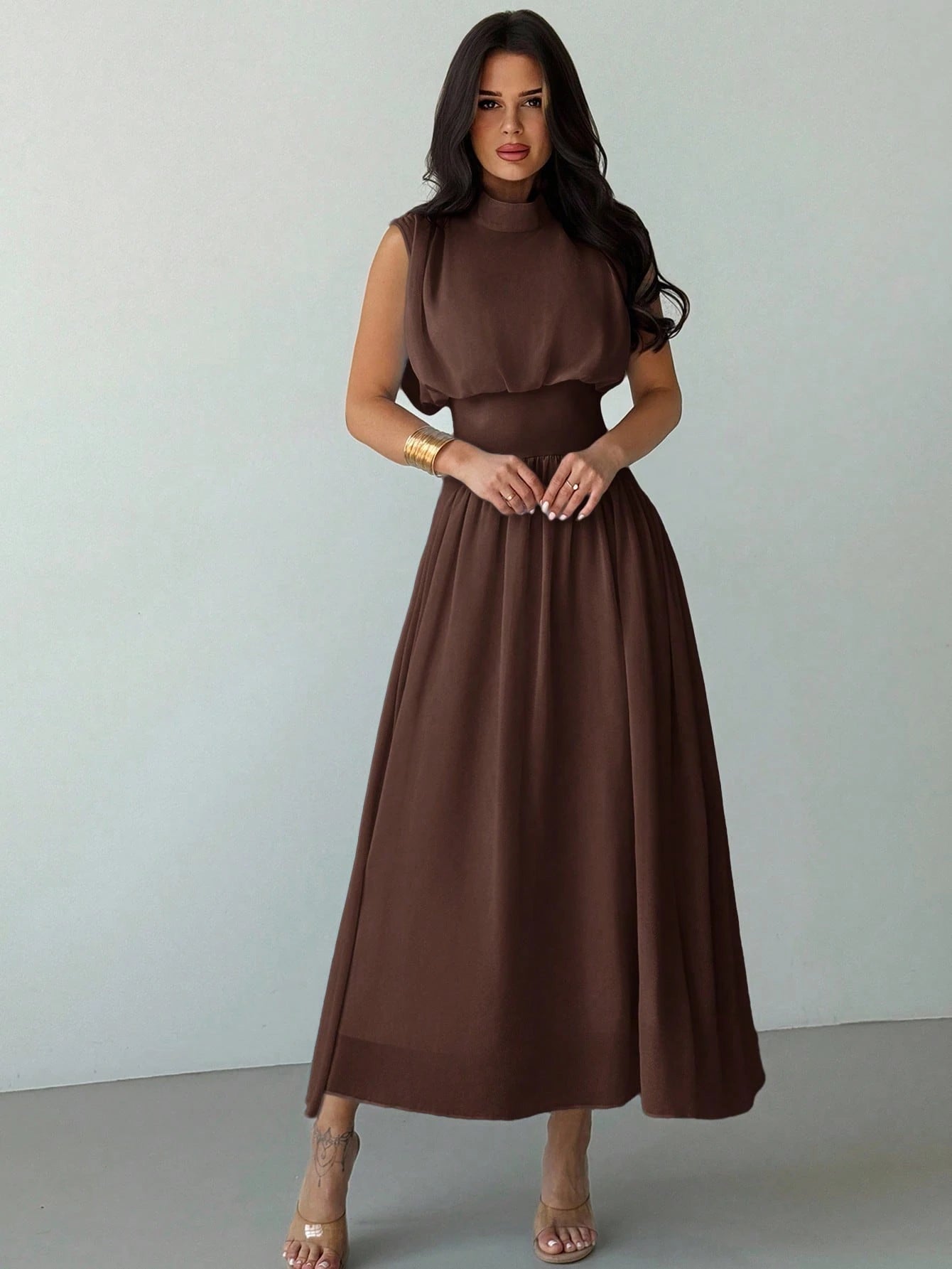 Firerie Women's Coffee Brown Elegant High Neck Cinched Waist A-Line Dress,Autumn Brunch Commuter Vacation Beach Bohemian Wedding Graduation Prom Outfit