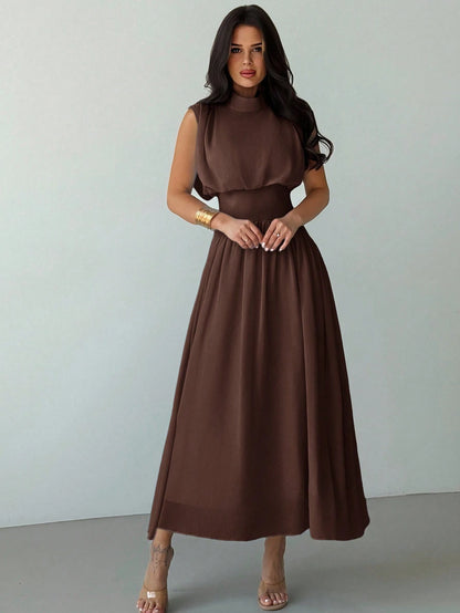 Firerie Women's Coffee Brown Elegant High Neck Cinched Waist A-Line Dress,Autumn Brunch Commuter Vacation Beach Bohemian Wedding Graduation Prom Outfit