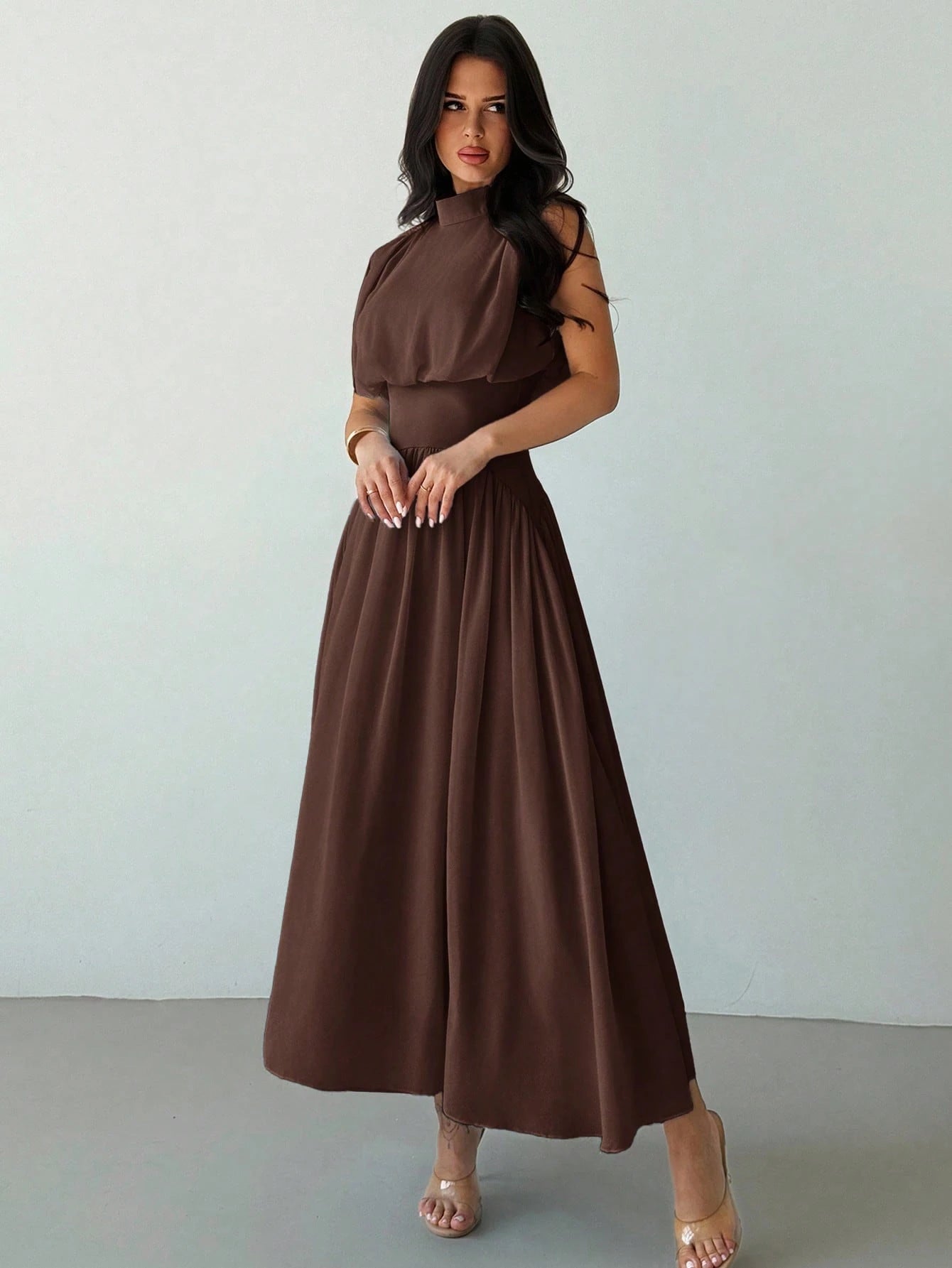 Firerie Women's Coffee Brown Elegant High Neck Cinched Waist A-Line Dress,Autumn Brunch Commuter Vacation Beach Bohemian Wedding Graduation Prom Outfit