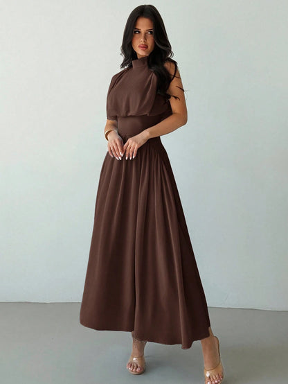 Firerie Women's Coffee Brown Elegant High Neck Cinched Waist A-Line Dress,Autumn Brunch Commuter Vacation Beach Bohemian Wedding Graduation Prom Outfit