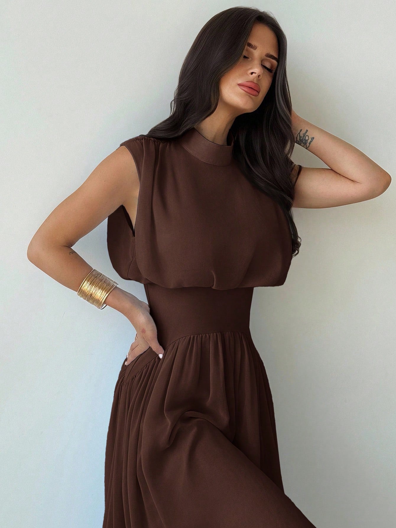 Firerie Women's Coffee Brown Elegant High Neck Cinched Waist A-Line Dress,Autumn Brunch Commuter Vacation Beach Bohemian Wedding Graduation Prom Outfit