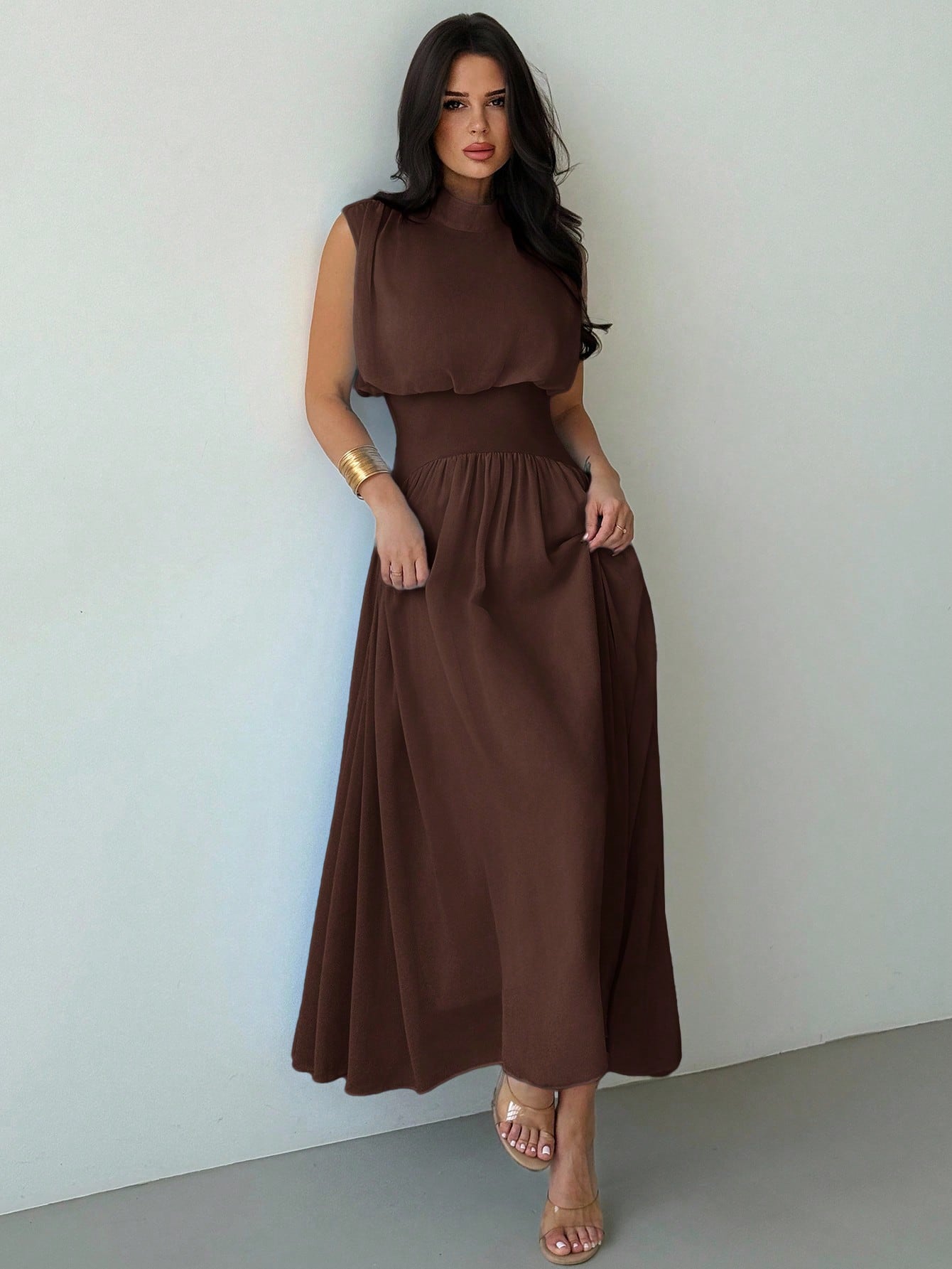 Firerie Women's Coffee Brown Elegant High Neck Cinched Waist A-Line Dress,Autumn Brunch Commuter Vacation Beach Bohemian Wedding Graduation Prom Outfit