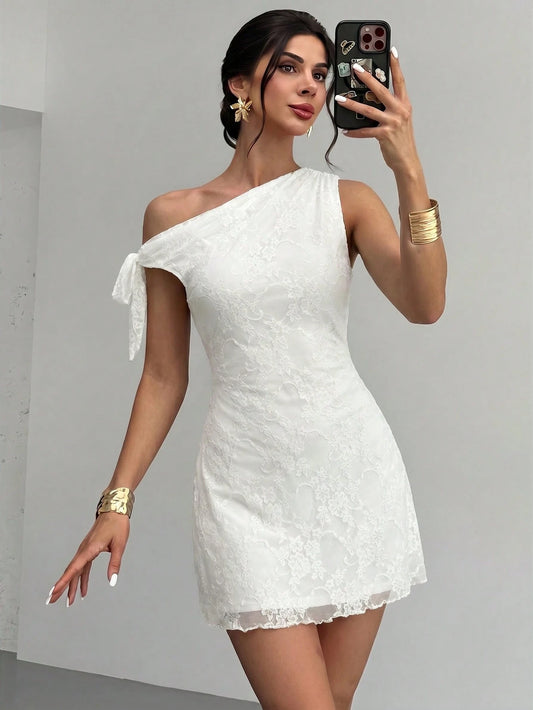 Firerie Women's New Summer Floral Asymmetrical Shoulder Neckline Sexy Elegant Vacation Mini Dress, Mesh Dress, Spring Clothing, Beach Outfit, Hawaii, White