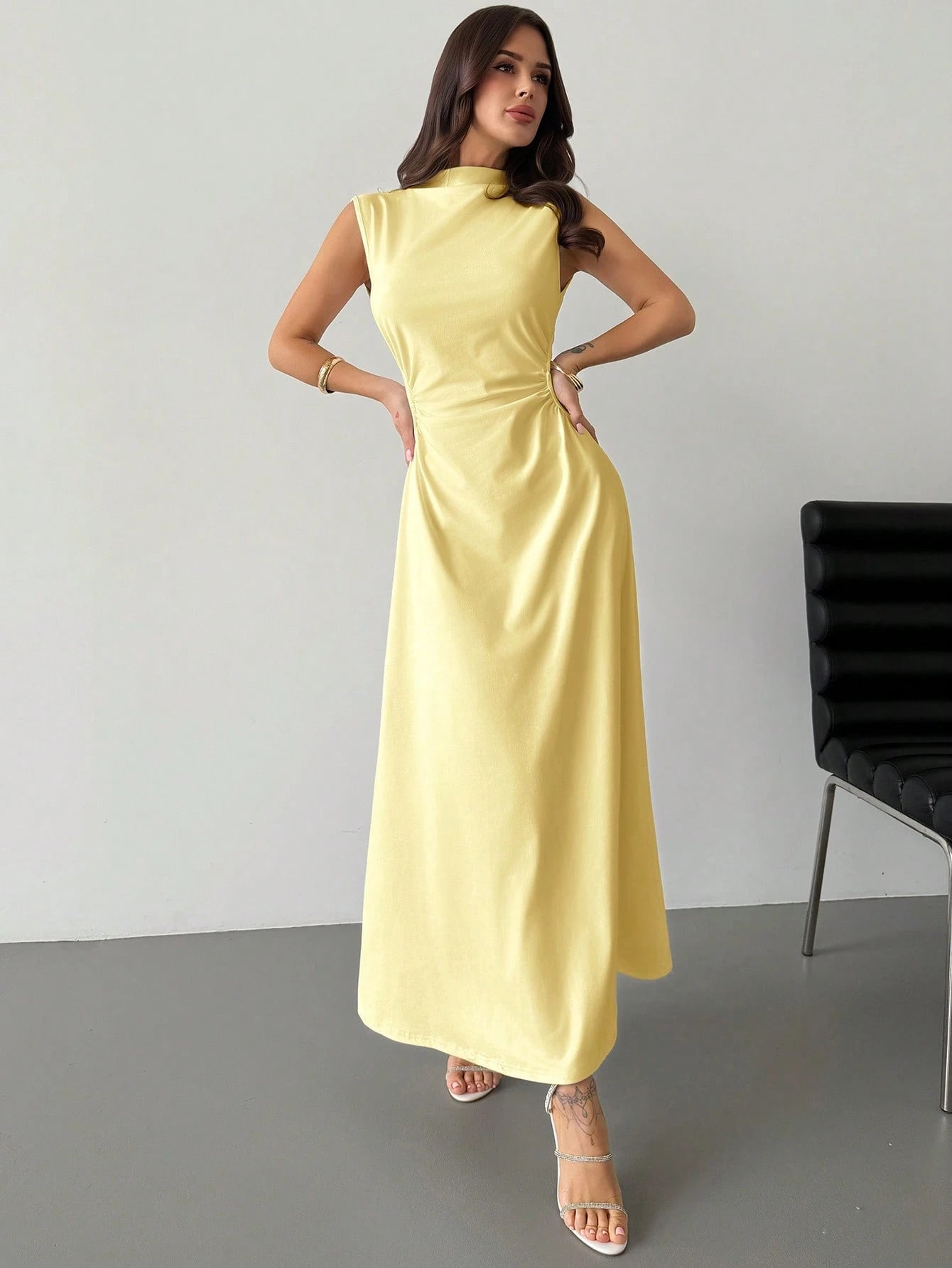 Firerie Women's Simple Elegant Romantic White Stand Collar Sleeveless Ruffled A-Line Maxi Dress, Suitable For Date, Daily Wear, Commute