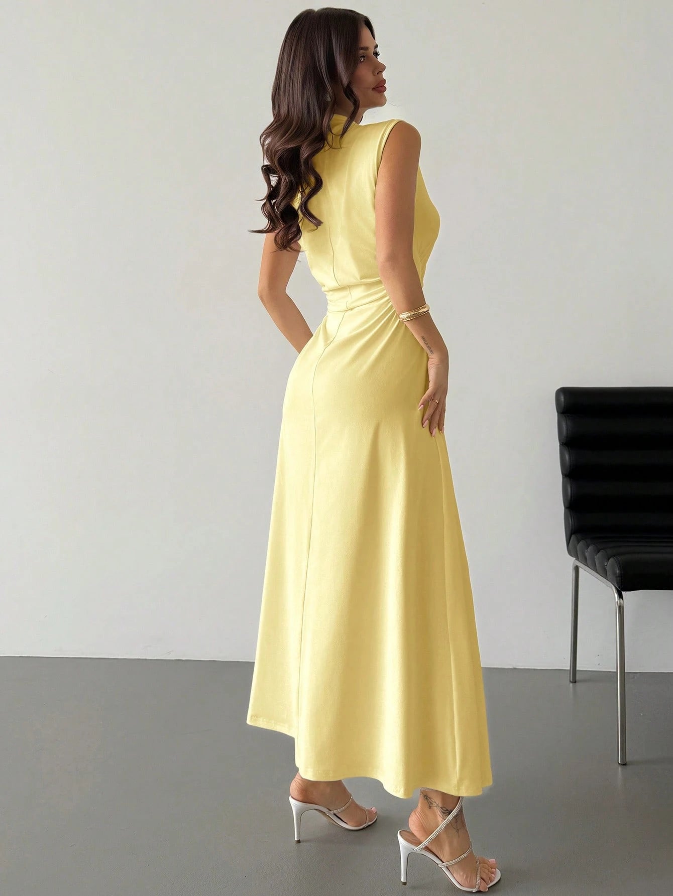 Firerie Women's Simple Elegant Romantic White Stand Collar Sleeveless Ruffled A-Line Maxi Dress, Suitable For Date, Daily Wear, Commute