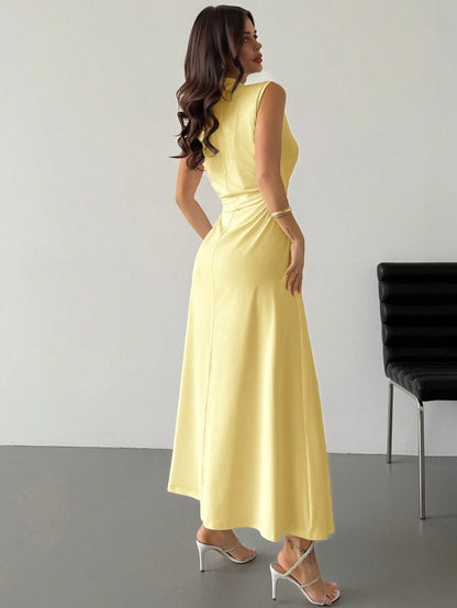Firerie Women's Simple Elegant Romantic White Stand Collar Sleeveless Ruffled A-Line Maxi Dress, Suitable For Date, Daily Wear, Commute