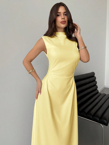 Firerie Women's Simple Elegant Romantic White Stand Collar Sleeveless Ruffled A-Line Maxi Dress, Suitable For Date, Daily Wear, Commute