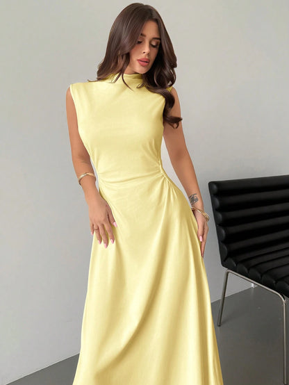Firerie Women's Simple Elegant Romantic White Stand Collar Sleeveless Ruffled A-Line Maxi Dress, Suitable For Date, Daily Wear, Commute