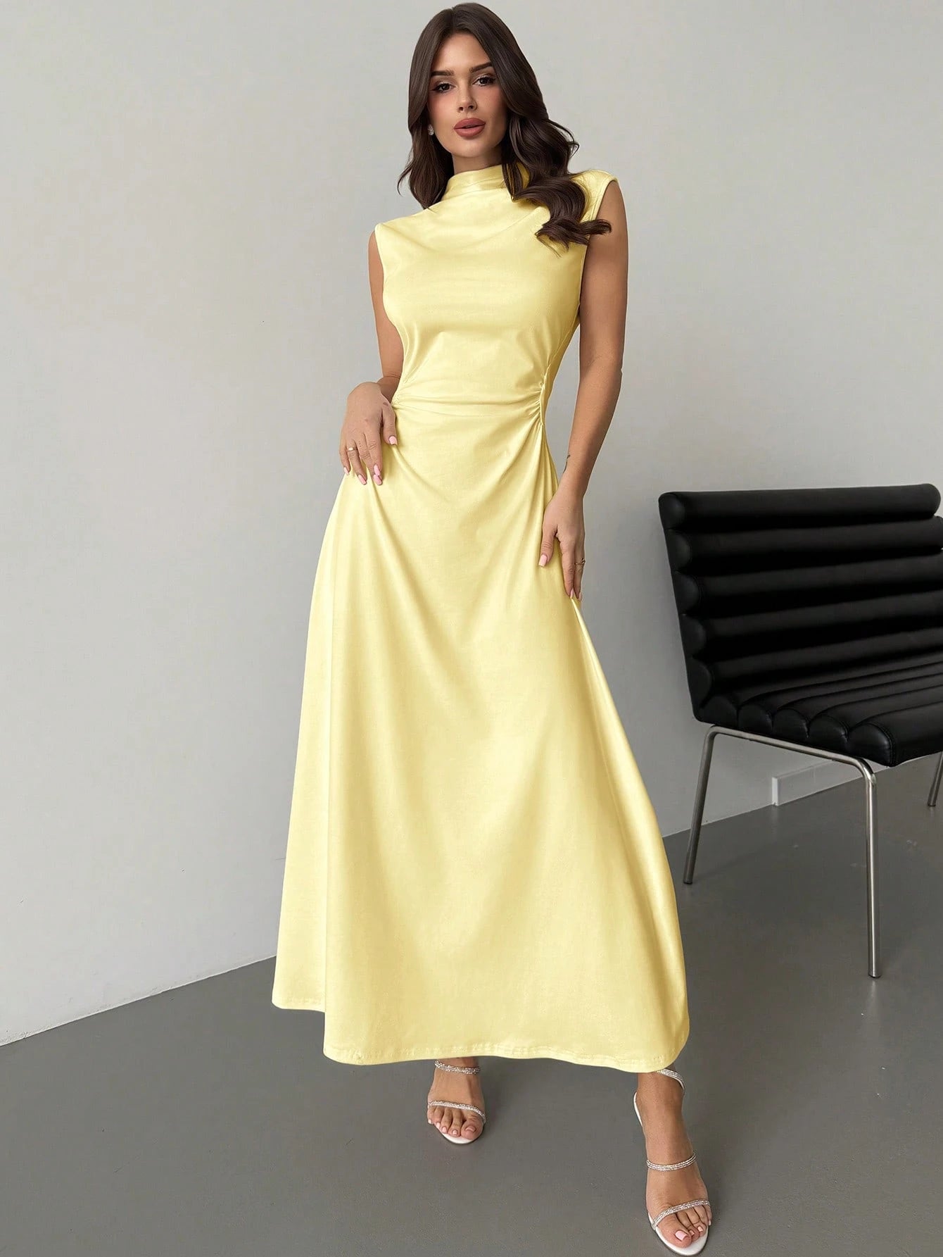 Firerie Women's Simple Elegant Romantic White Stand Collar Sleeveless Ruffled A-Line Maxi Dress, Suitable For Date, Daily Wear, Commute