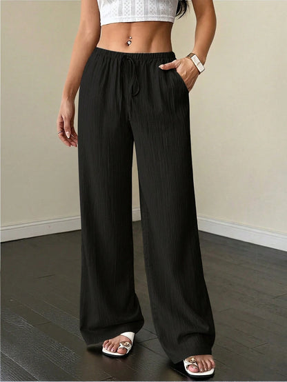 Flirla Petite Women's Solid Color Pocket Drawstring Waist Wide Leg Pants Fall Cloth For Women,Petite Women