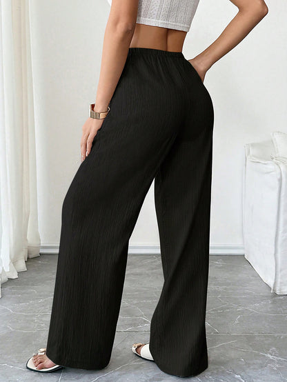 Flirla Petite Women's Solid Color Pocket Drawstring Waist Wide Leg Pants Fall Cloth For Women,Petite Women