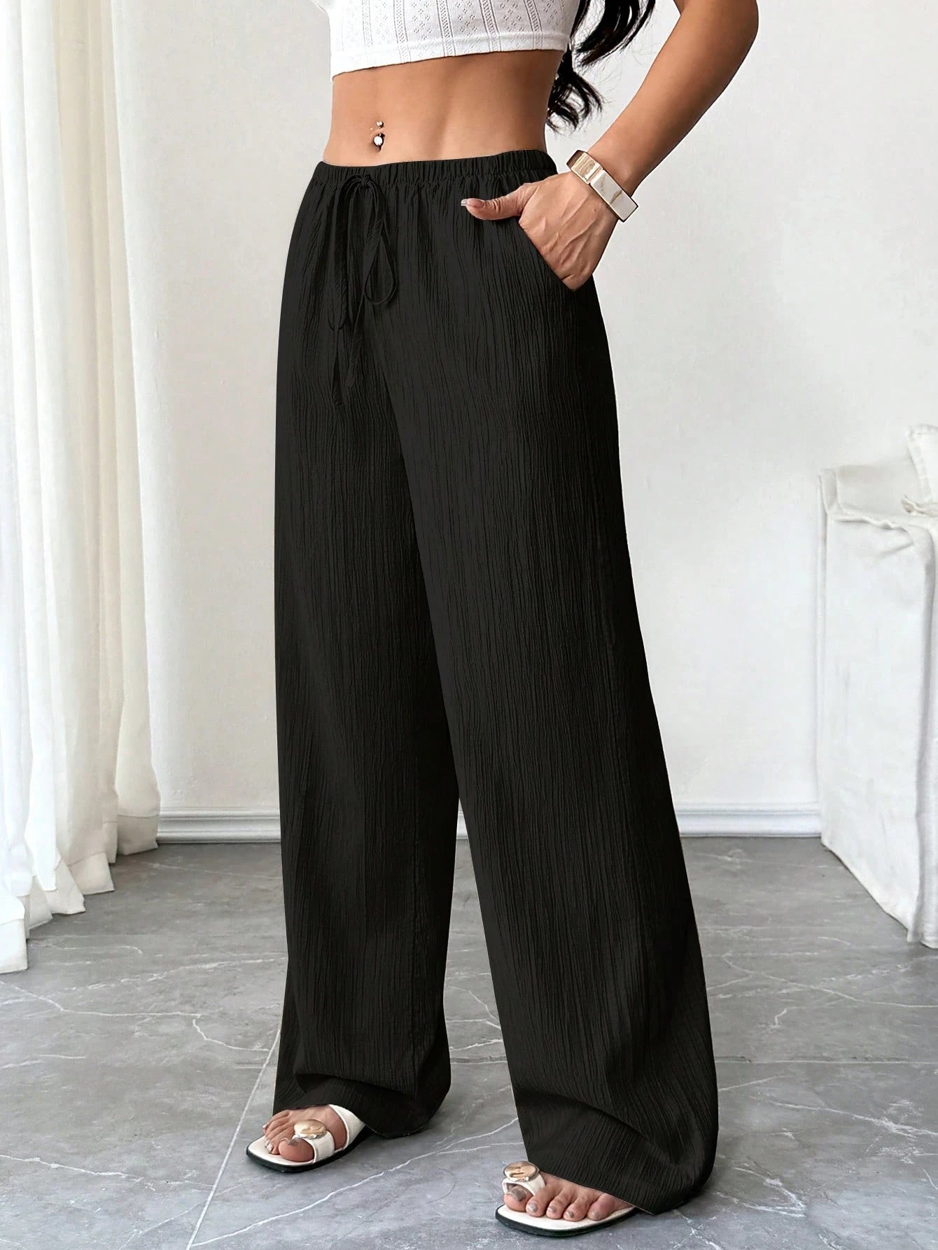 Flirla Petite Women's Solid Color Pocket Drawstring Waist Wide Leg Pants Fall Cloth For Women,Petite Women