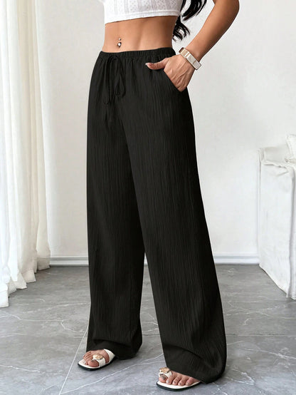 Flirla Petite Women's Solid Color Pocket Drawstring Waist Wide Leg Pants Fall Cloth For Women,Petite Women