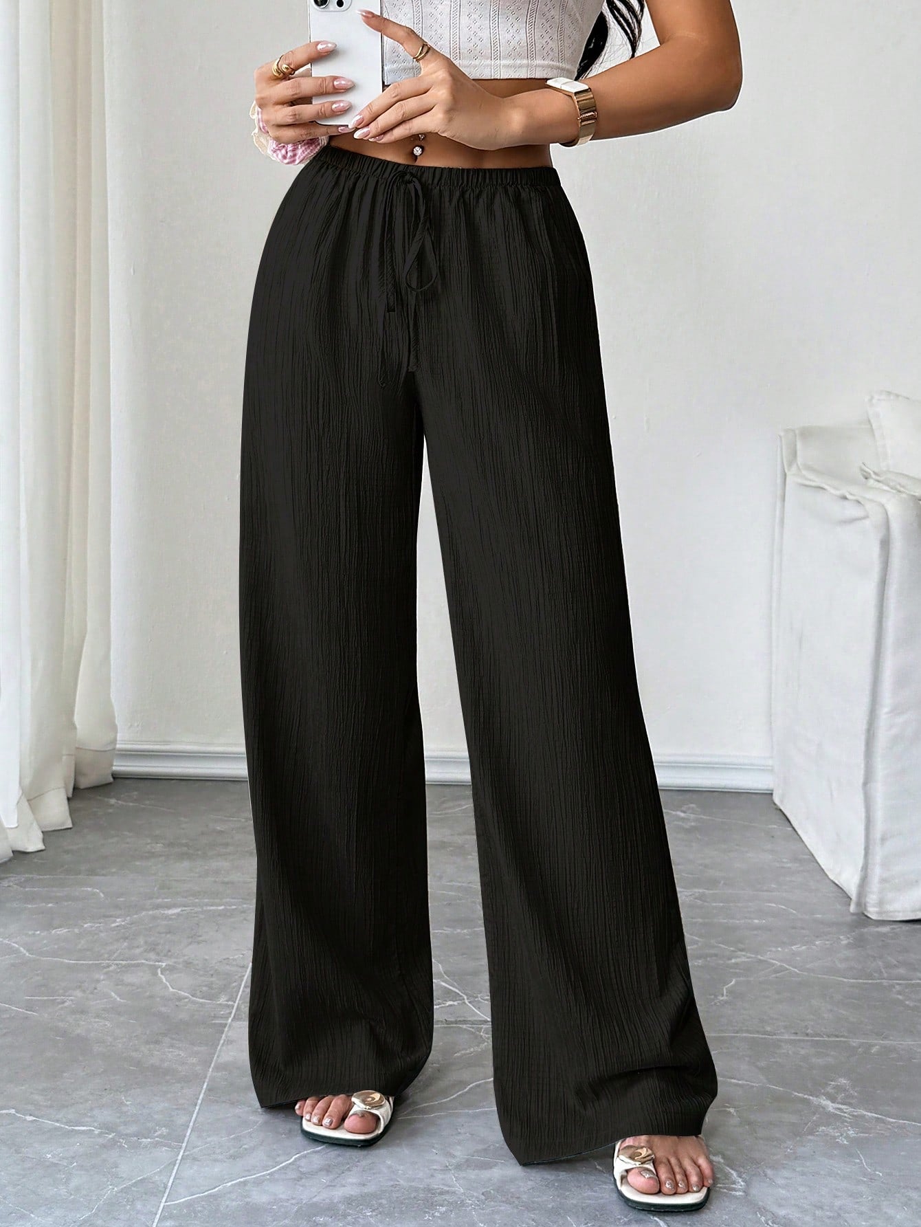 Flirla Petite Women's Solid Color Pocket Drawstring Waist Wide Leg Pants Fall Cloth For Women,Petite Women