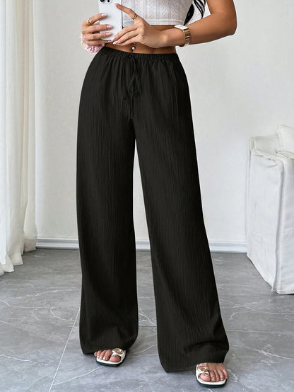 Flirla Petite Women's Solid Color Pocket Drawstring Waist Wide Leg Pants Fall Cloth For Women,Petite Women