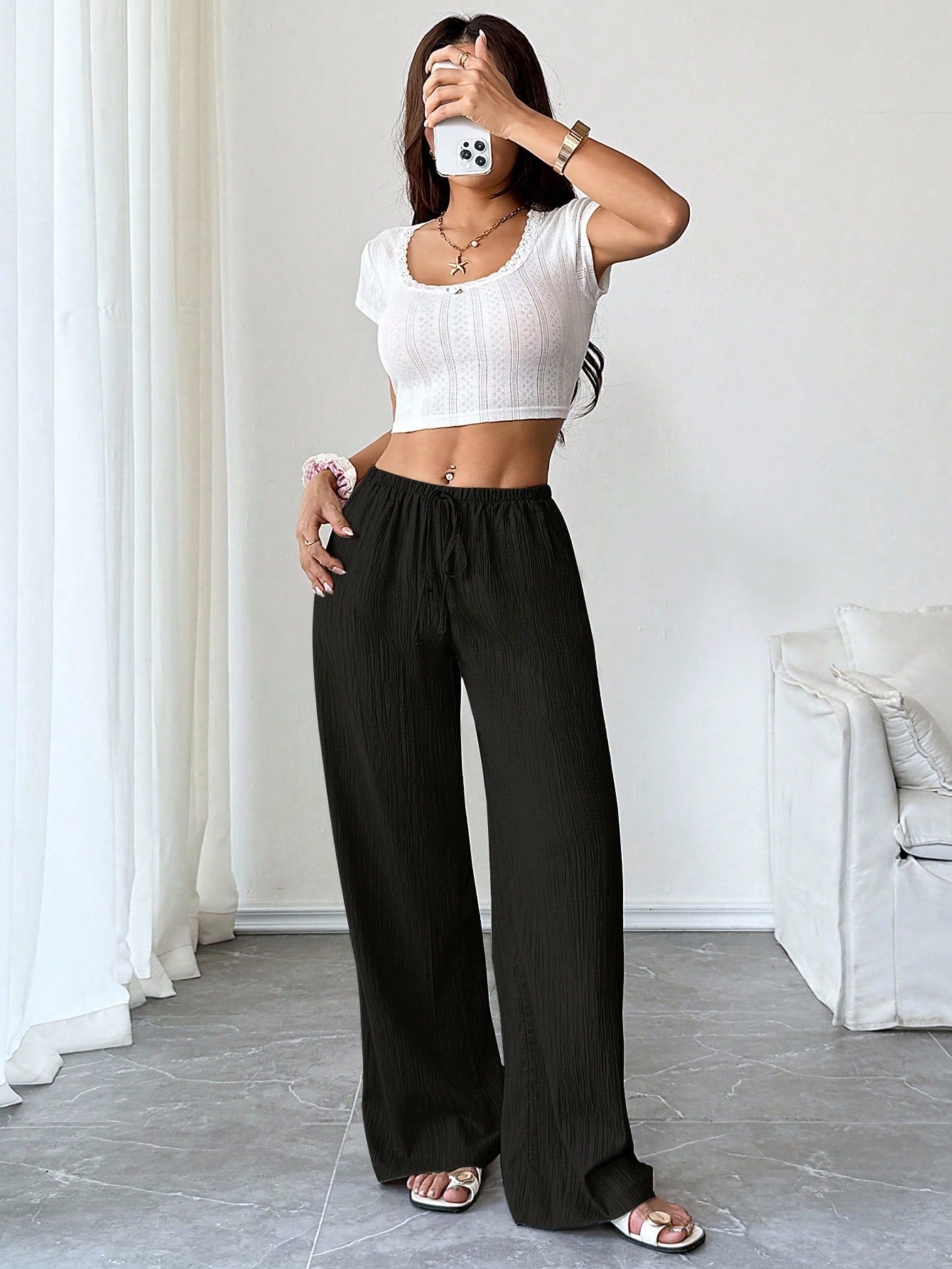 Flirla Petite Women's Solid Color Pocket Drawstring Waist Wide Leg Pants Fall Cloth For Women,Petite Women