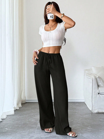Flirla Petite Women's Solid Color Pocket Drawstring Waist Wide Leg Pants Fall Cloth For Women,Petite Women