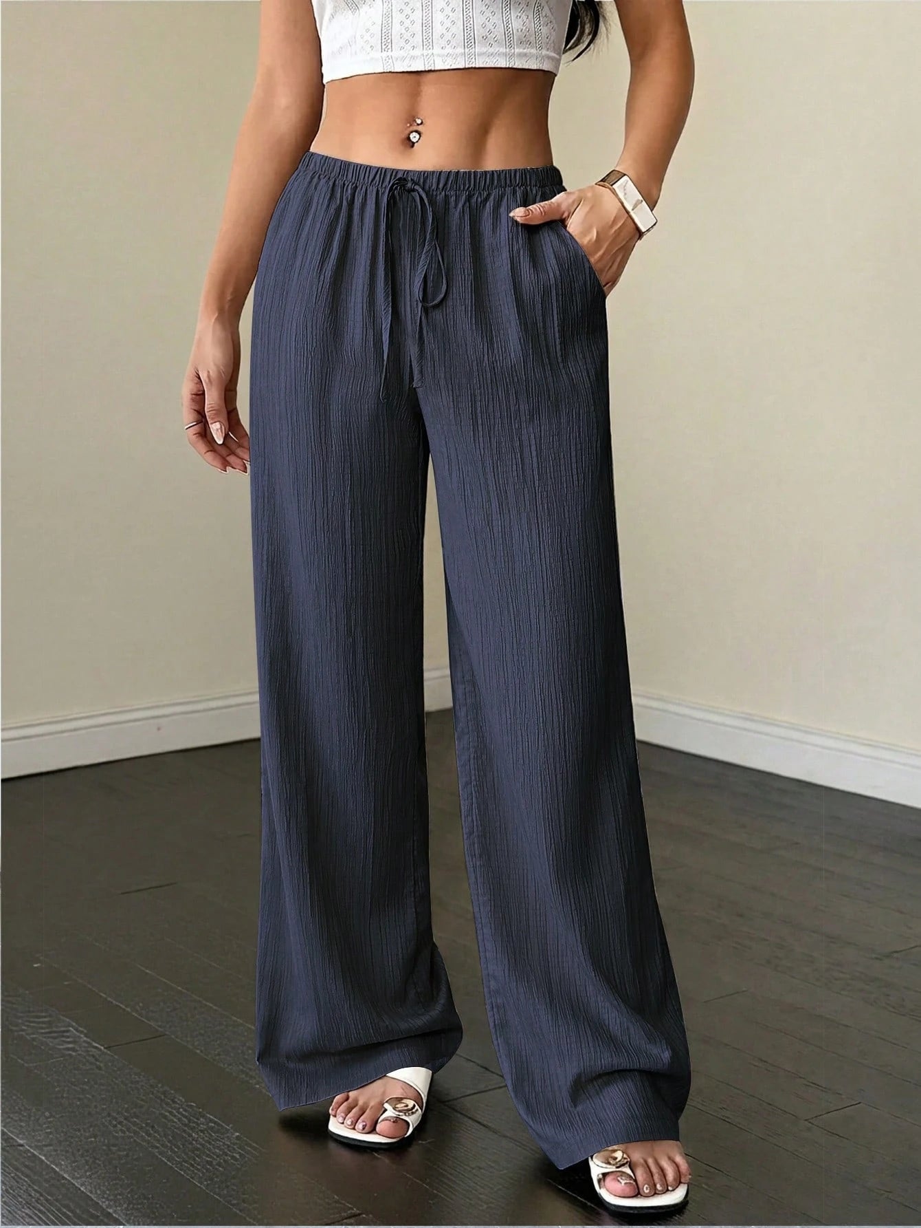 Flirla Petite Women's Solid Color Pocket Drawstring Waist Wide Leg Pants Fall Cloth For Women,Petite Women