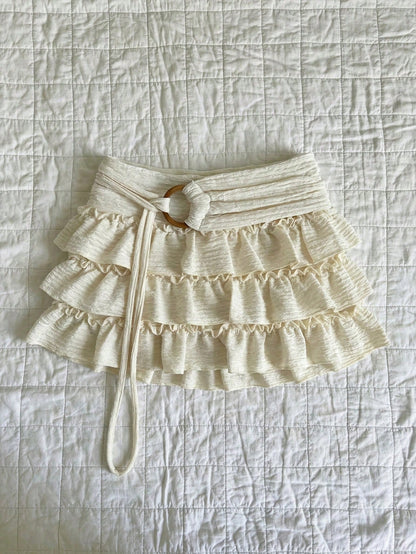 Flirla Women's White Knitted Mini Skort Plain Style With Ruffle Hem Detail