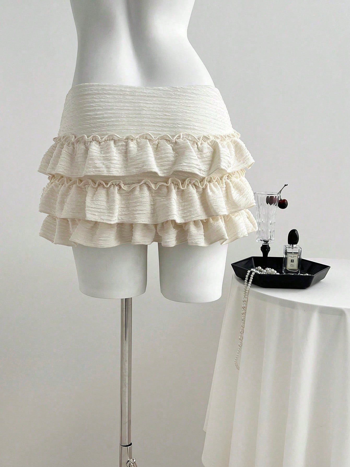 Flirla Women's White Knitted Mini Skort Plain Style With Ruffle Hem Detail