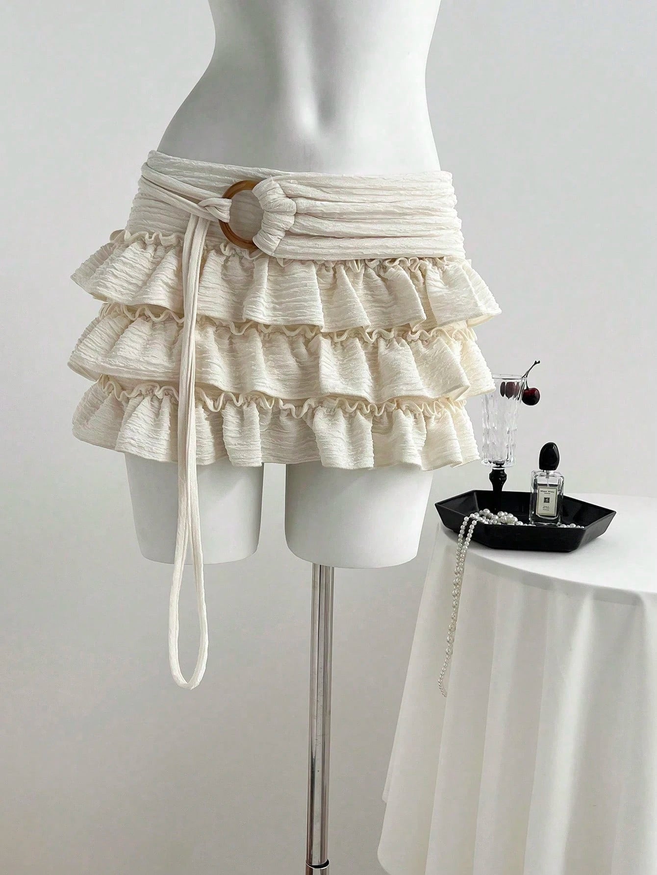 Flirla Women's White Knitted Mini Skort Plain Style With Ruffle Hem Detail