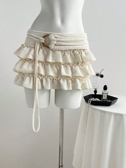 Flirla Women's White Knitted Mini Skort Plain Style With Ruffle Hem Detail