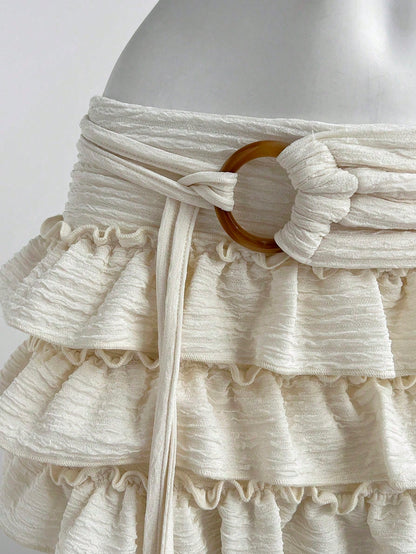 Flirla Women's White Knitted Mini Skort Plain Style With Ruffle Hem Detail