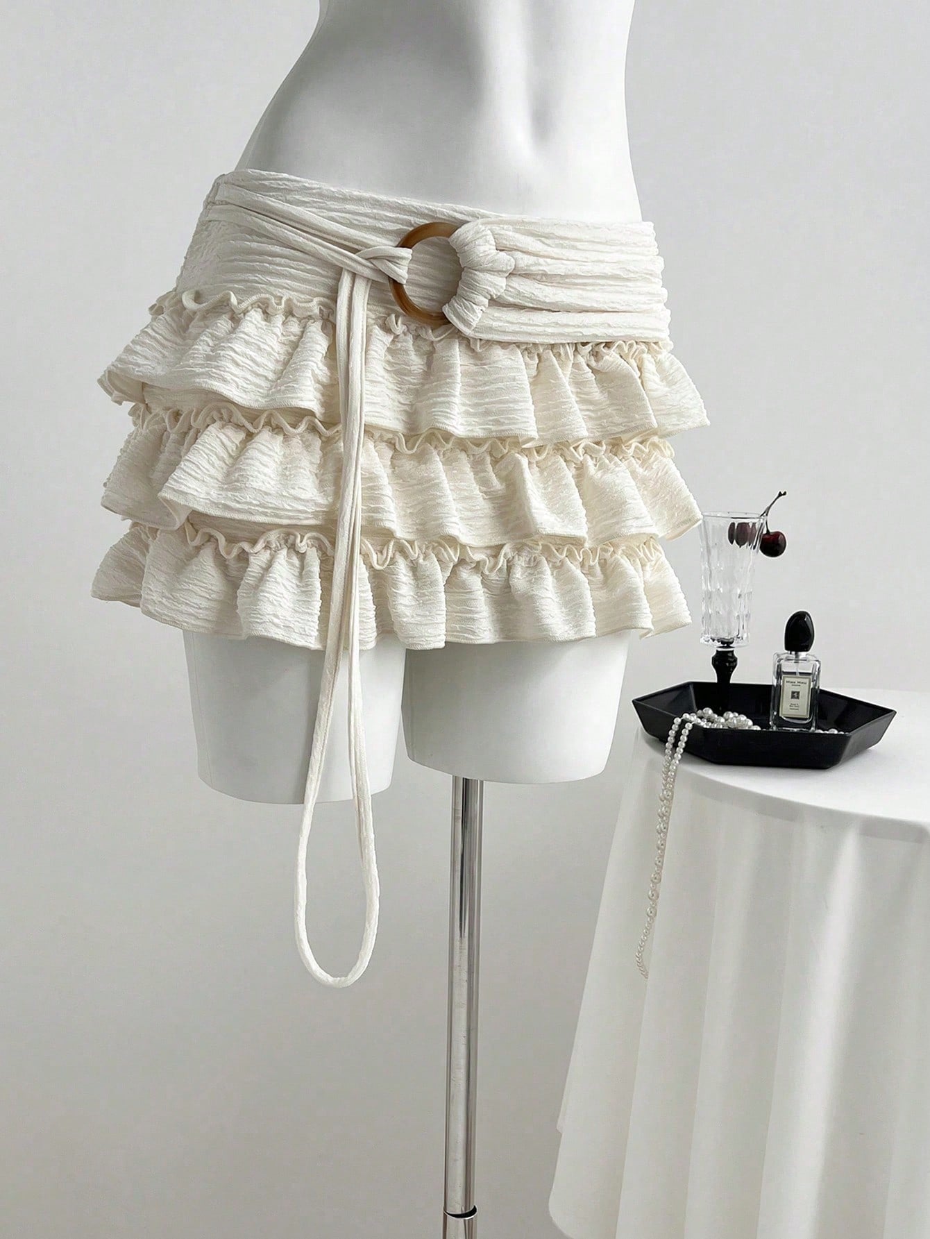 Flirla Women's White Knitted Mini Skort Plain Style With Ruffle Hem Detail