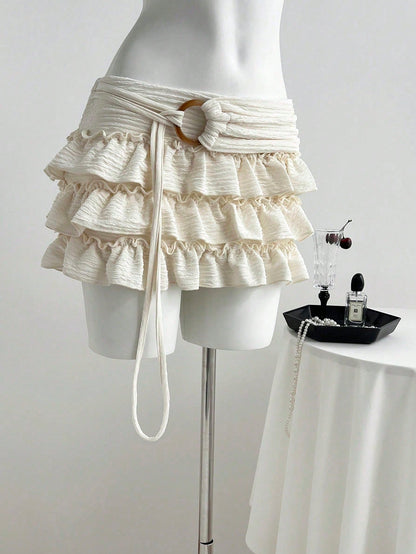 Flirla Women's White Knitted Mini Skort Plain Style With Ruffle Hem Detail