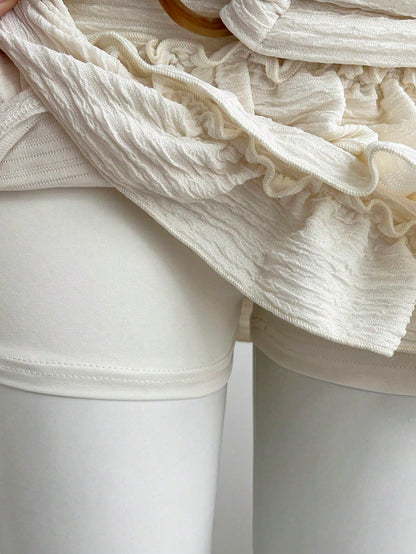 Flirla Women's White Knitted Mini Skort Plain Style With Ruffle Hem Detail