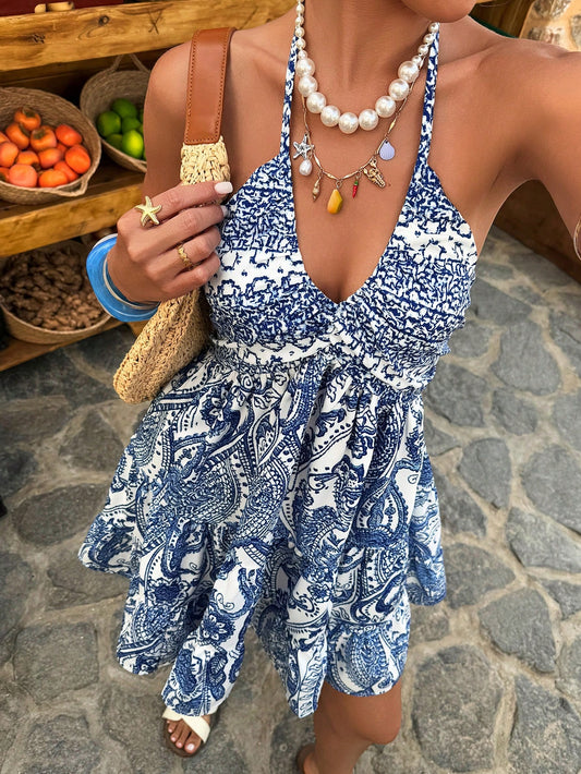 Flora Isola Flora Isola Standard Size Women's Casual Sleeveless Tie Neck A-Line Short Dress, Suitable For Spring/Summer Holiday