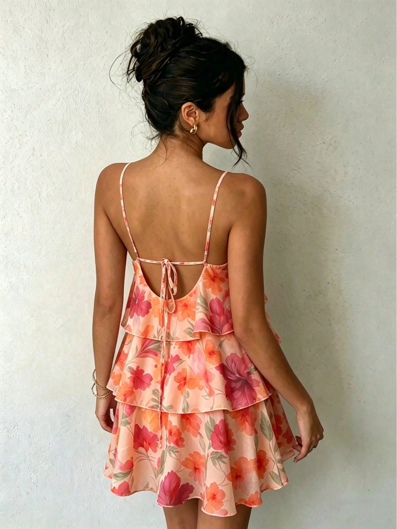 Floral Print Spaghetti Strap Mini Dress- Pink/Red/Orange/Purple Flowers, Green Leaves, Layered Ruffle Hem, A-Line Elegant Vacation, Boho Chic Summer