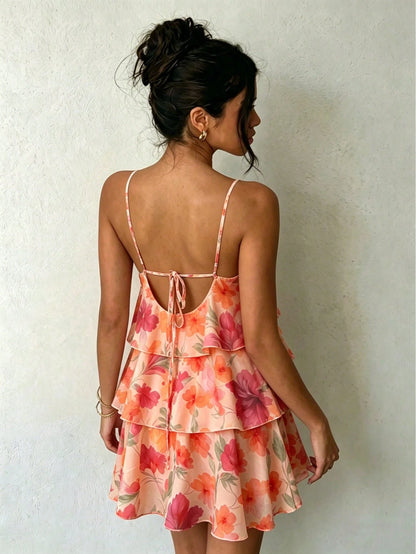 Floral Print Spaghetti Strap Mini Dress- Pink/Red/Orange/Purple Flowers, Green Leaves, Layered Ruffle Hem, A-Line Elegant Vacation, Boho Chic Summer