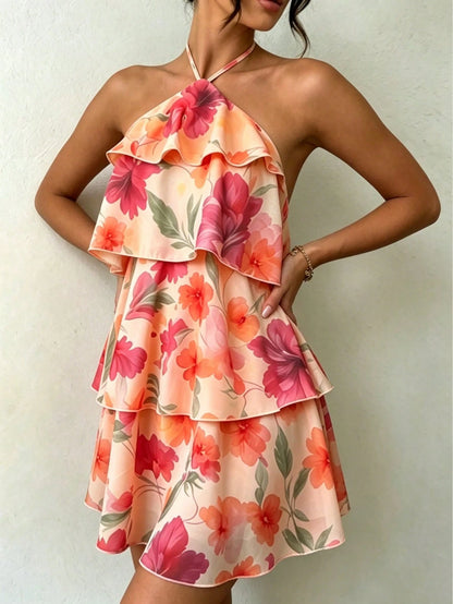 Floral Print Spaghetti Strap Mini Dress- Pink/Red/Orange/Purple Flowers, Green Leaves, Layered Ruffle Hem, A-Line Elegant Vacation, Boho Chic Summer