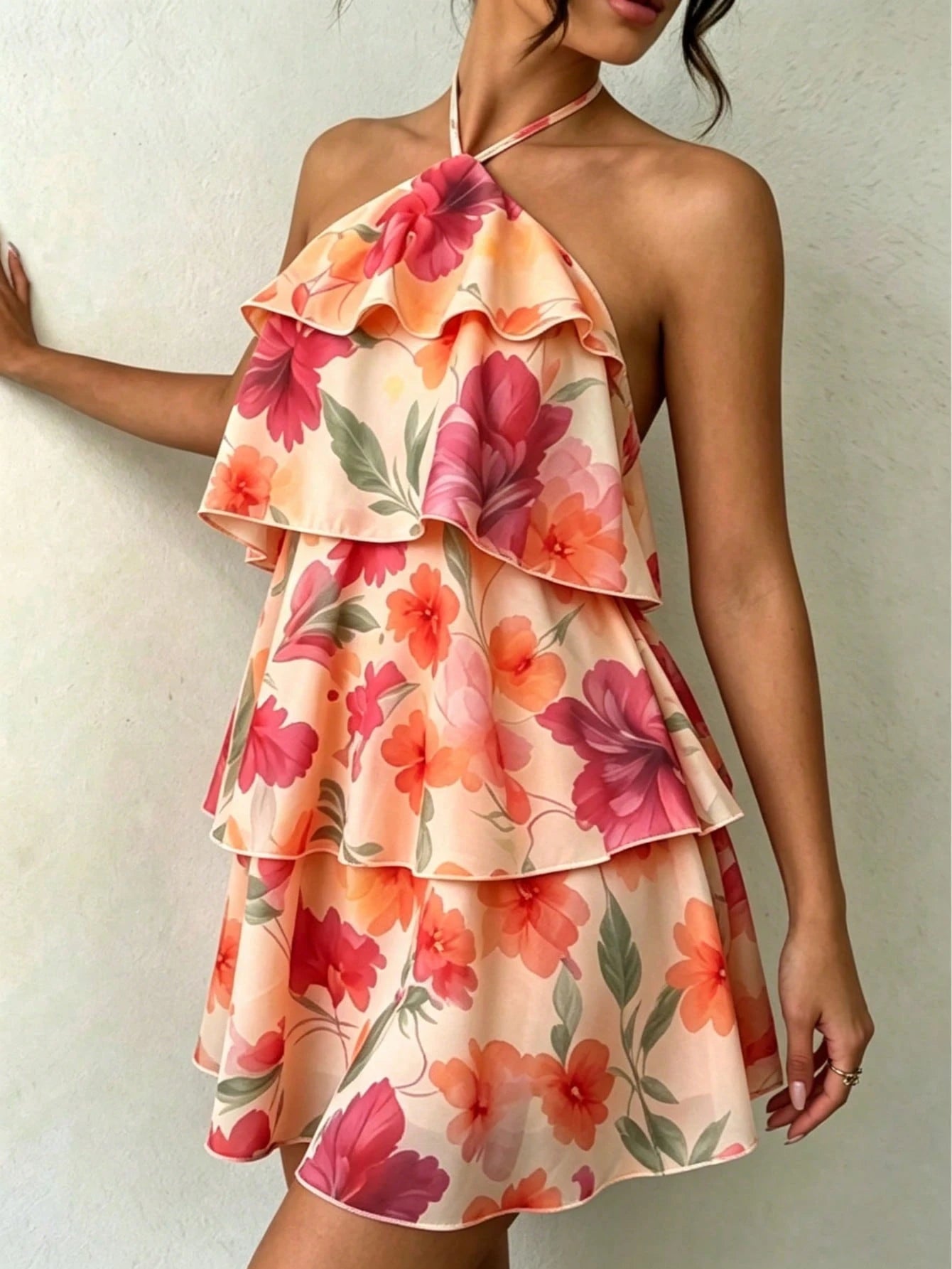 Floral Print Spaghetti Strap Mini Dress- Pink/Red/Orange/Purple Flowers, Green Leaves, Layered Ruffle Hem, A-Line Elegant Vacation, Boho Chic Summer