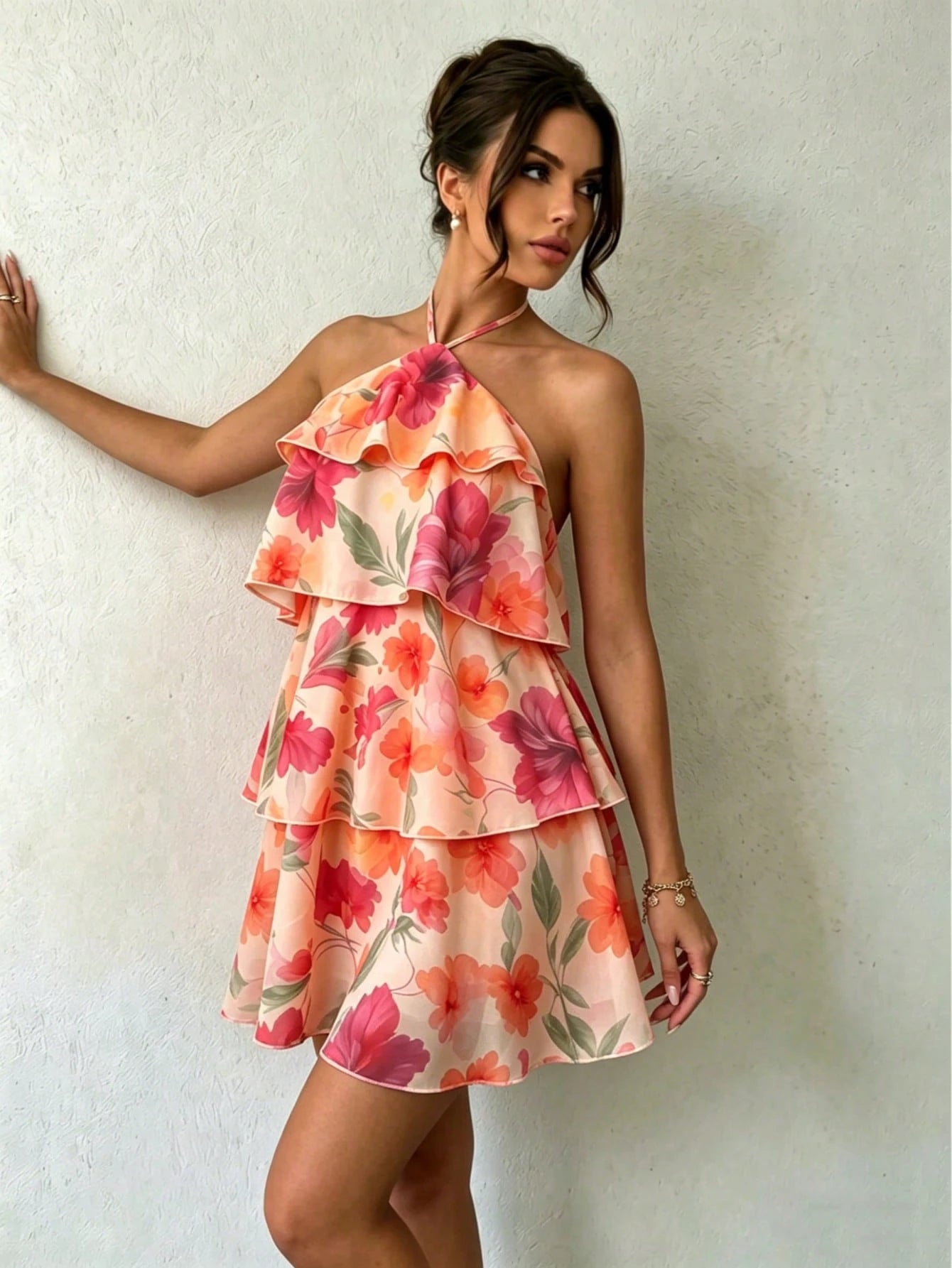 Floral Print Spaghetti Strap Mini Dress- Pink/Red/Orange/Purple Flowers, Green Leaves, Layered Ruffle Hem, A-Line Elegant Vacation, Boho Chic Summer