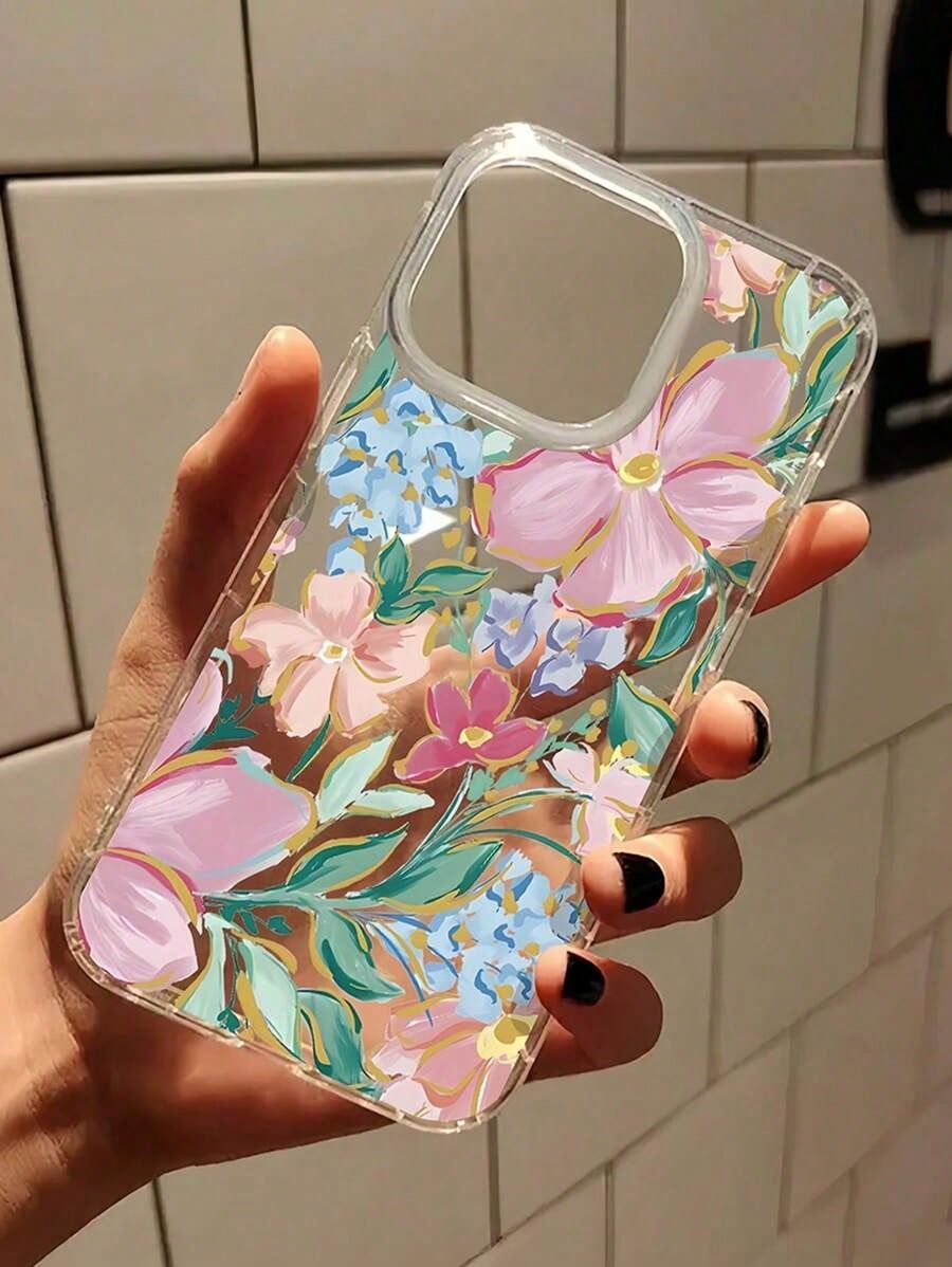Flower 1pc Shock-Absorbing Transparent Floral Leaf Design Phone, Vivid Pink Orchid Pattern, Compatible With 16 Pro, 15/14 Plus, 13/12/11 And Series Waterproof Anti-Fall Scratch Resistant